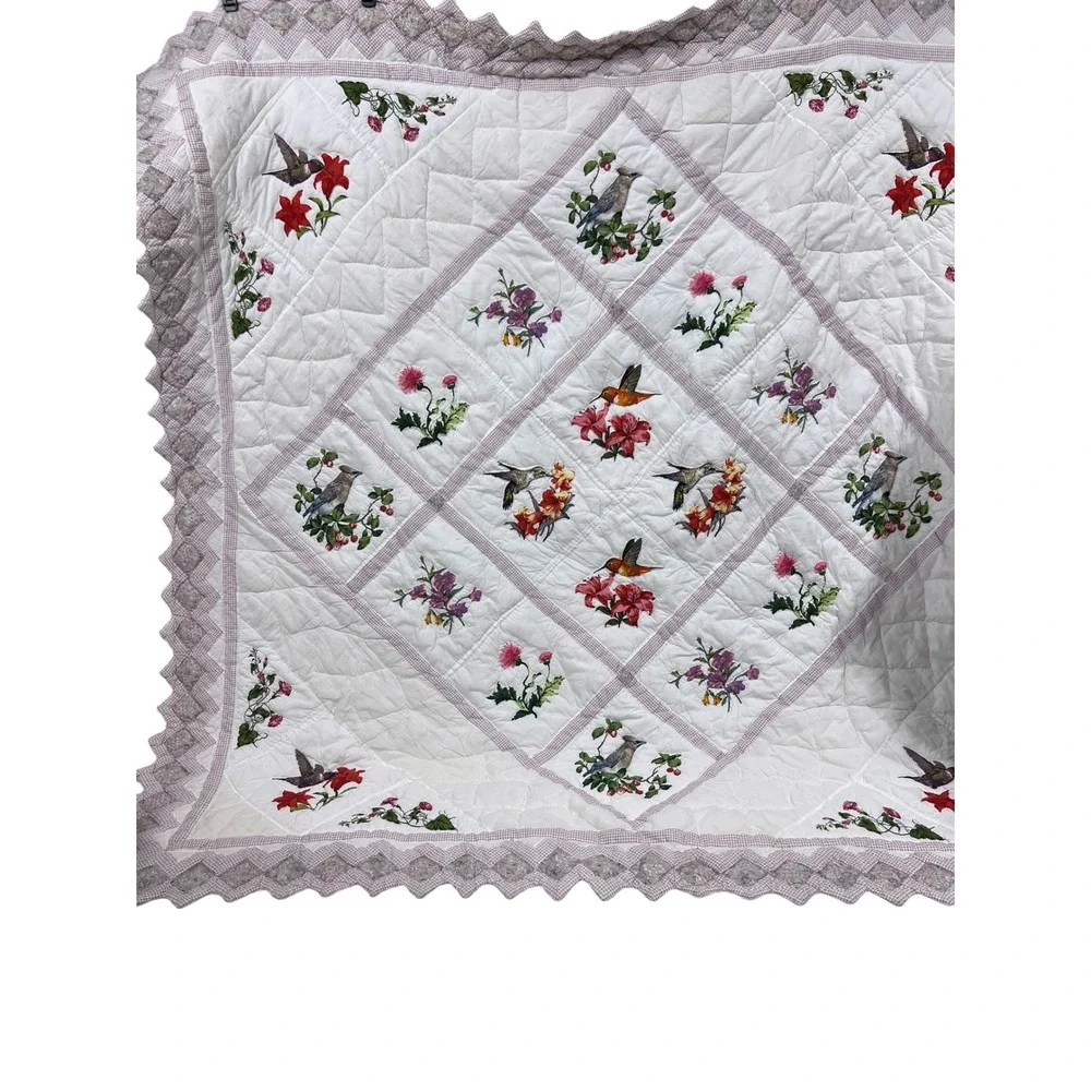 Vintage Hummingbird Floral Quilt Set Scalloped Edge 86x86 With 2 Shams